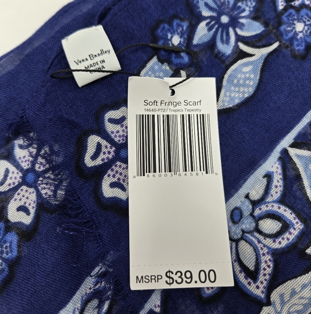 NWT VERA BRADLEY SOFT FRINGE SCARF NAVY BLUE TROPICS TAPESTRY WRAP SHAWL WOMEN - Picture 7 of 10